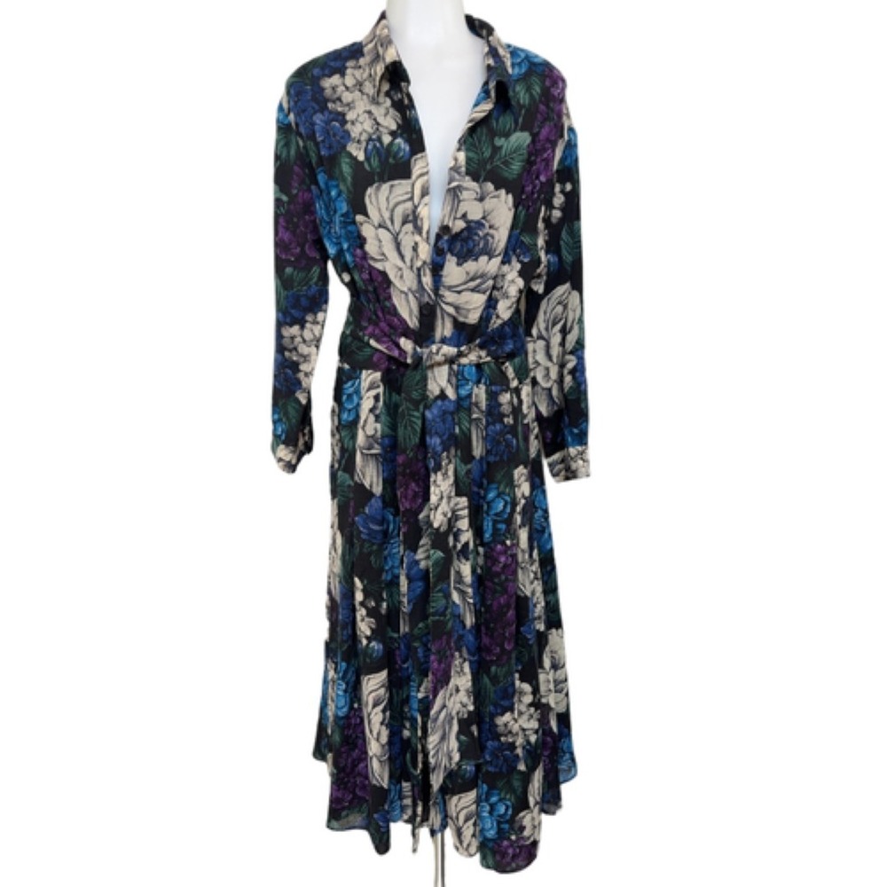 SAMANTHA SUNG 16 Blue Purple Floral Dress Lite Wool Lined Button Ribbon Tie